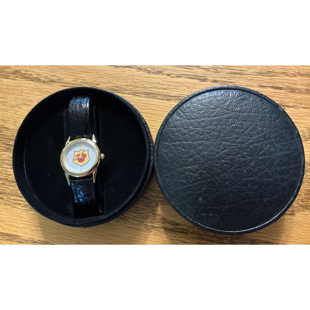 Disney Catalog Mickey Mouse Crest Watch Gold Tone Black Leather Strap Vintage